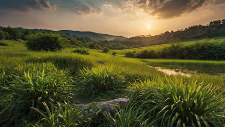 landscape of rice field at sunset in Chiang Mai, Thailandの写真素材
