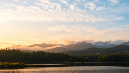Mountain lake at sunset. Landscape with mountains, forest and lake.の写真素材