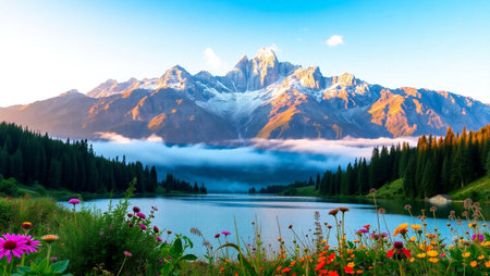 Mountain lake in the Alps at sunrise. Beautiful natural landscape.