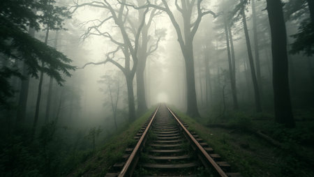 Railway tracks in the misty forest with trees in the backgroundの写真素材