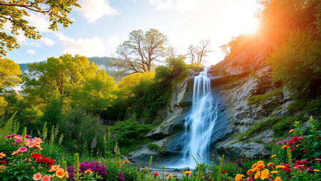 Beautiful summer landscape with waterfall in the mountains and flowers at sunsetの写真素材