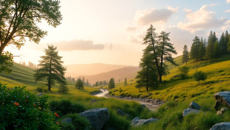 Beautiful sunset in the mountains landscape. Panoramic view of meadow and forestの写真素材