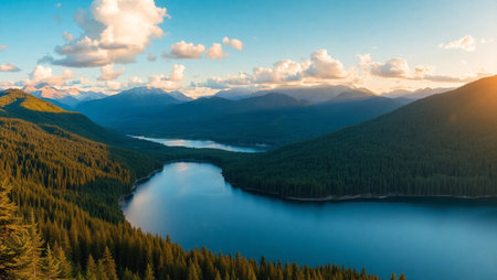 Panoramic view of the lake in the mountains at sunset.の写真素材