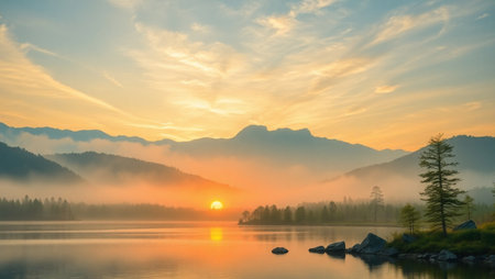 Mountain lake in the morning mist. Beautiful nature landscape with foggy sunrise.の写真素材