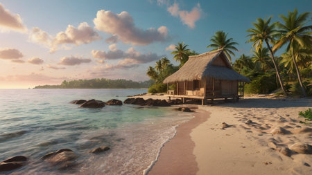 Tropical beach with palm trees at sunset. 3d renderの写真素材