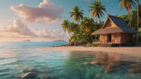 Tropical beach with bungalows and palm trees. 3d renderの写真素材