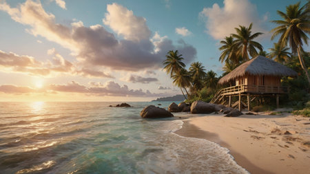 Tropical beach with palm trees at sunset, Seychellesの写真素材