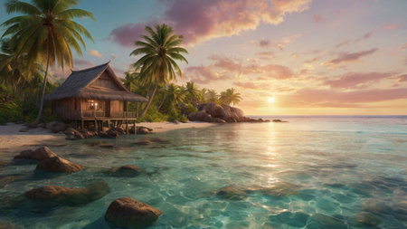 Beautiful tropical island with palm trees at sunset. 3d renderingの写真素材