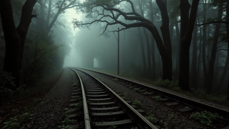 Railway in a mysterious dark forest with fog in the morning.の写真素材