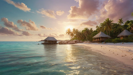 Tropical beach at Maldives with palm trees and bungalowsの写真素材