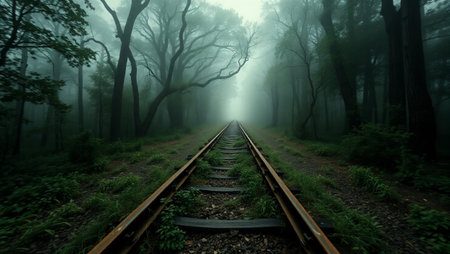 Train tracks in a foggy forest with trees in the background.の写真素材