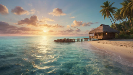 tropical beach in Maldives at sunset with palm trees and bungalowsの写真素材