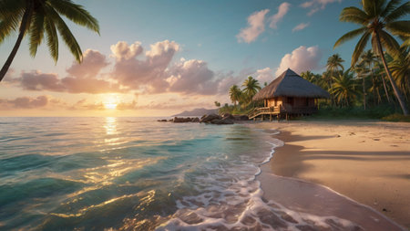 Beautiful tropical beach at sunset with palm trees and bungalowsの写真素材