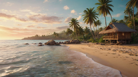 Tropical beach with wooden hut and coconut palm trees at sunset