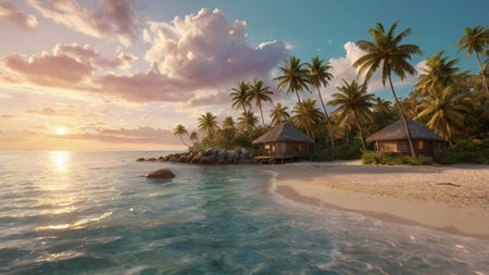 Beautiful tropical beach at sunset with palm trees and bungalowsの写真素材