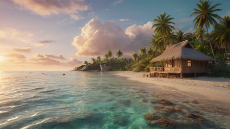 Tropical beach with bungalows at sunset - 3D renderの写真素材
