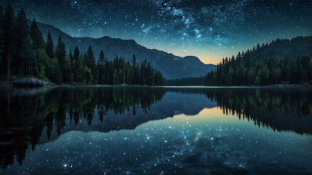 Mountain lake at night with starry sky and reflection in waterの写真素材