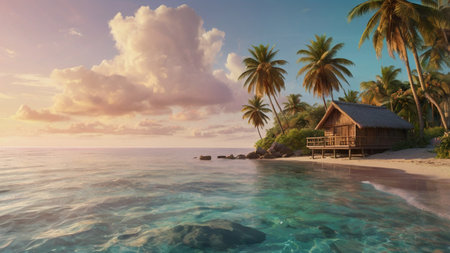 tropical beach with palm trees and hut at sunset 3d renderの写真素材