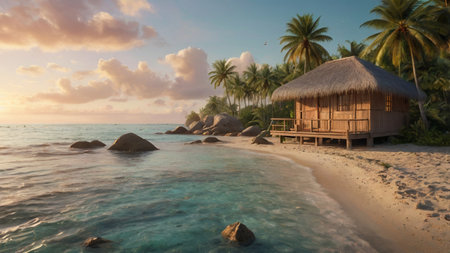tropical beach at sunset with palm trees and bungalows, 3d renderの写真素材