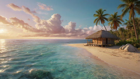Beautiful tropical beach at Maldives at sunset. Panorama.の写真素材