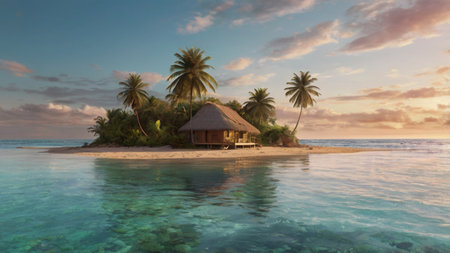 Tropical island with palm trees and bungalows at sunsetの写真素材