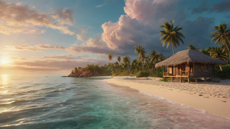 tropical beach with palm trees and hut at sunset, panoramaの写真素材