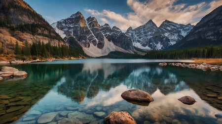 Panoramic view of Moraine lake in Banff National Park, Canadaの写真素材