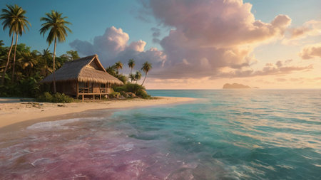 Tropical beach with palm trees at sunsetの写真素材