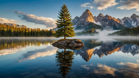Mountain lake and pine tree reflected in water at sunrise, Canadaの写真素材