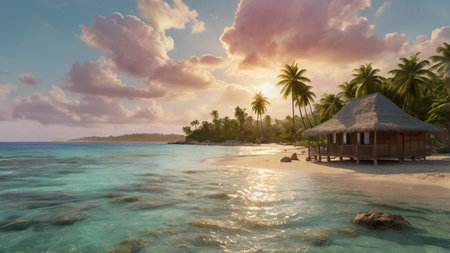 tropical beach with few palm trees and blue lagoon at sunsetの写真素材
