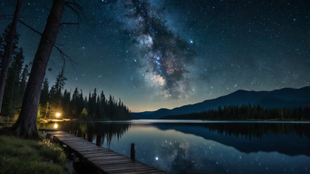 Milky Way over the lake at night in Rocky Mountain National Park, Canadaの写真素材