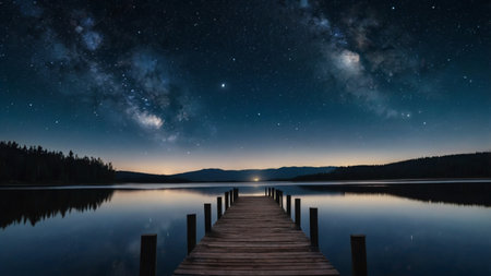 Milky Way over a lake with wooden jetty and mountains in the backgroundの写真素材