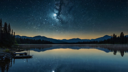 Milky way over mountain lake at night. Starry sky reflected in water.の写真素材