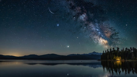 Milky way over mountain lake at night with stars and milky wayの写真素材