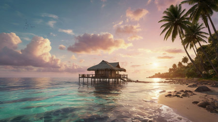 Beautiful tropical island with palm trees and bungalows at sunsetの写真素材