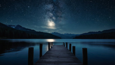 Mountain lake at night with starry sky and wooden jettyの写真素材