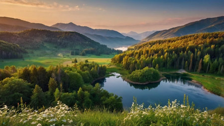 Beautiful summer landscape with lake, forest and mountains at sunset.の写真素材