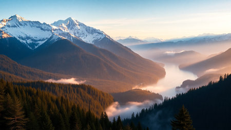 Mountains in the morning mist. Beautiful landscape.の写真素材