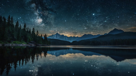 Milky way over mountain lake with reflection in water at night.の写真素材