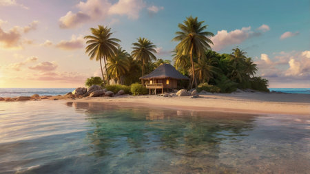 Tropical beach with palm trees at sunset. 3d renderの写真素材