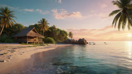Tropical beach with palm trees and bungalows at sunsetの写真素材