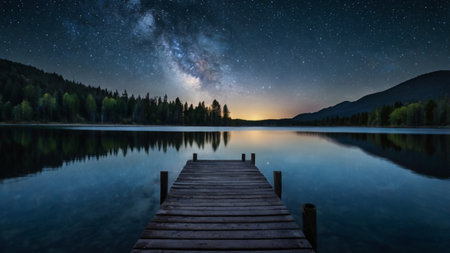 Milky way over the lake with a wooden jetty in the foregroundの写真素材