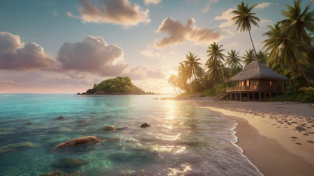 Tropical beach at sunset with palm trees. 3D renderingの写真素材