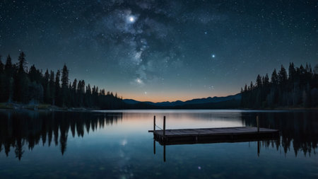 Mountain lake at night with starry sky and milky wayの写真素材