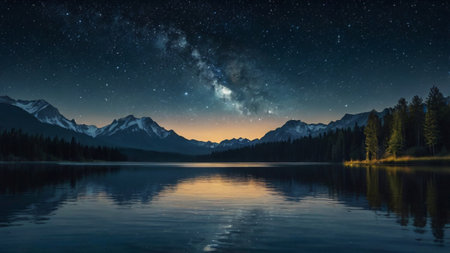 Milky Way over lake in the mountains. Night landscape with starsの写真素材