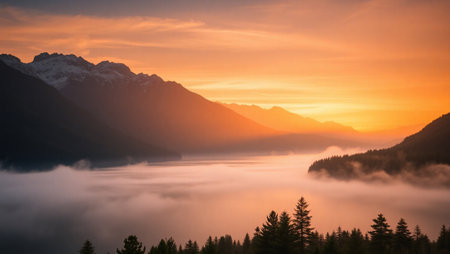 Sunrise over the foggy lake in the mountains of Switzerland.