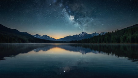 Mountain lake and starry night sky reflected in calm water.の写真素材