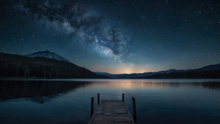 Milky Way over the lake at night with starry sky.の写真素材