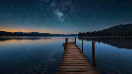 Starry sky over mountain lake with wooden jetty at night.の写真素材