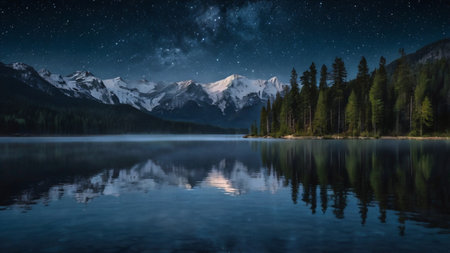Mountain lake at night with starry sky and reflection in waterの写真素材